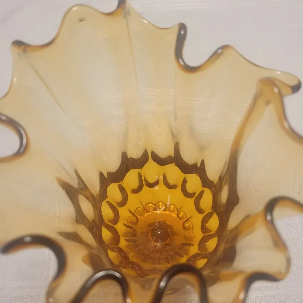 Vintage Fenton Amber Glass Vase‎ Scalloped Handkerchief Thumbprint Decor MCM